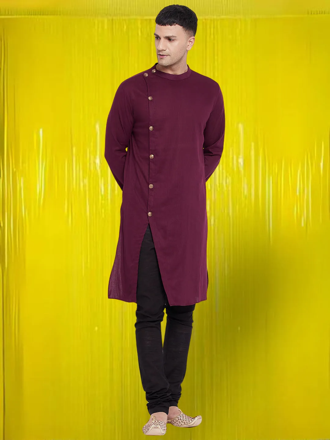 Men's Pure Cotton Maroon Asymetrical Kurta - Even Apparels