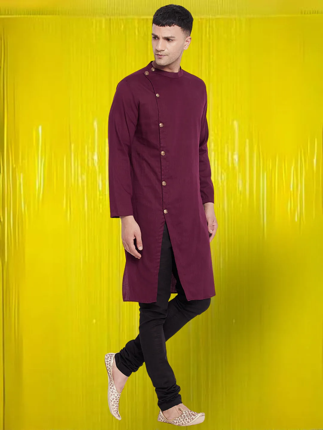 Men's Pure Cotton Maroon Asymetrical Kurta - Even Apparels