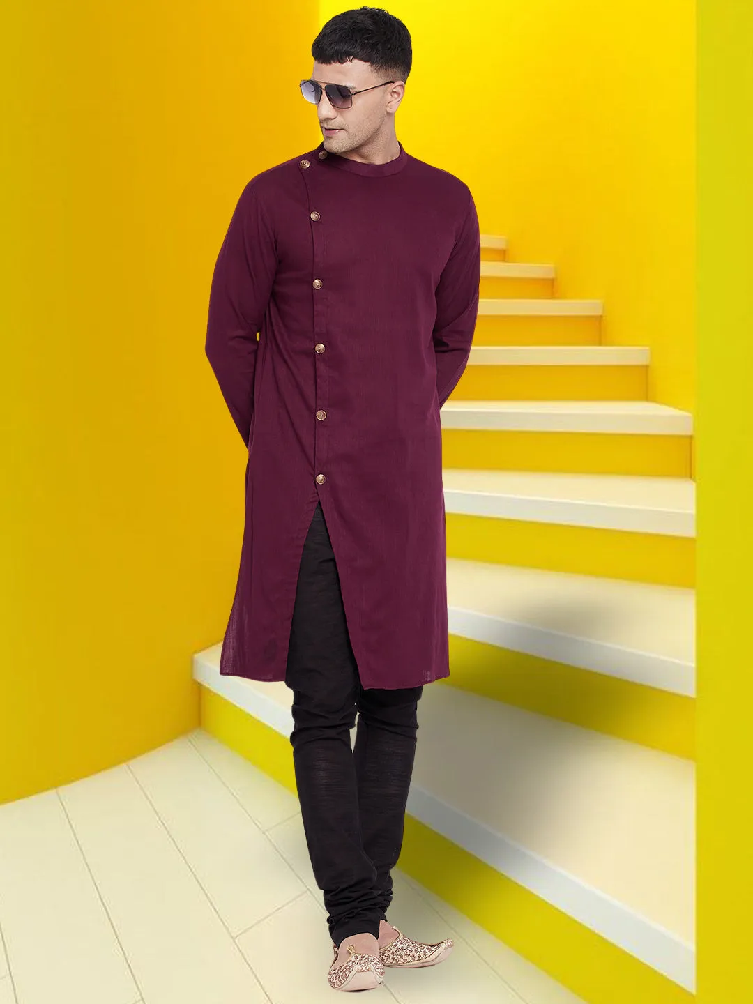 Men's Pure Cotton Maroon Asymetrical Kurta - Even Apparels