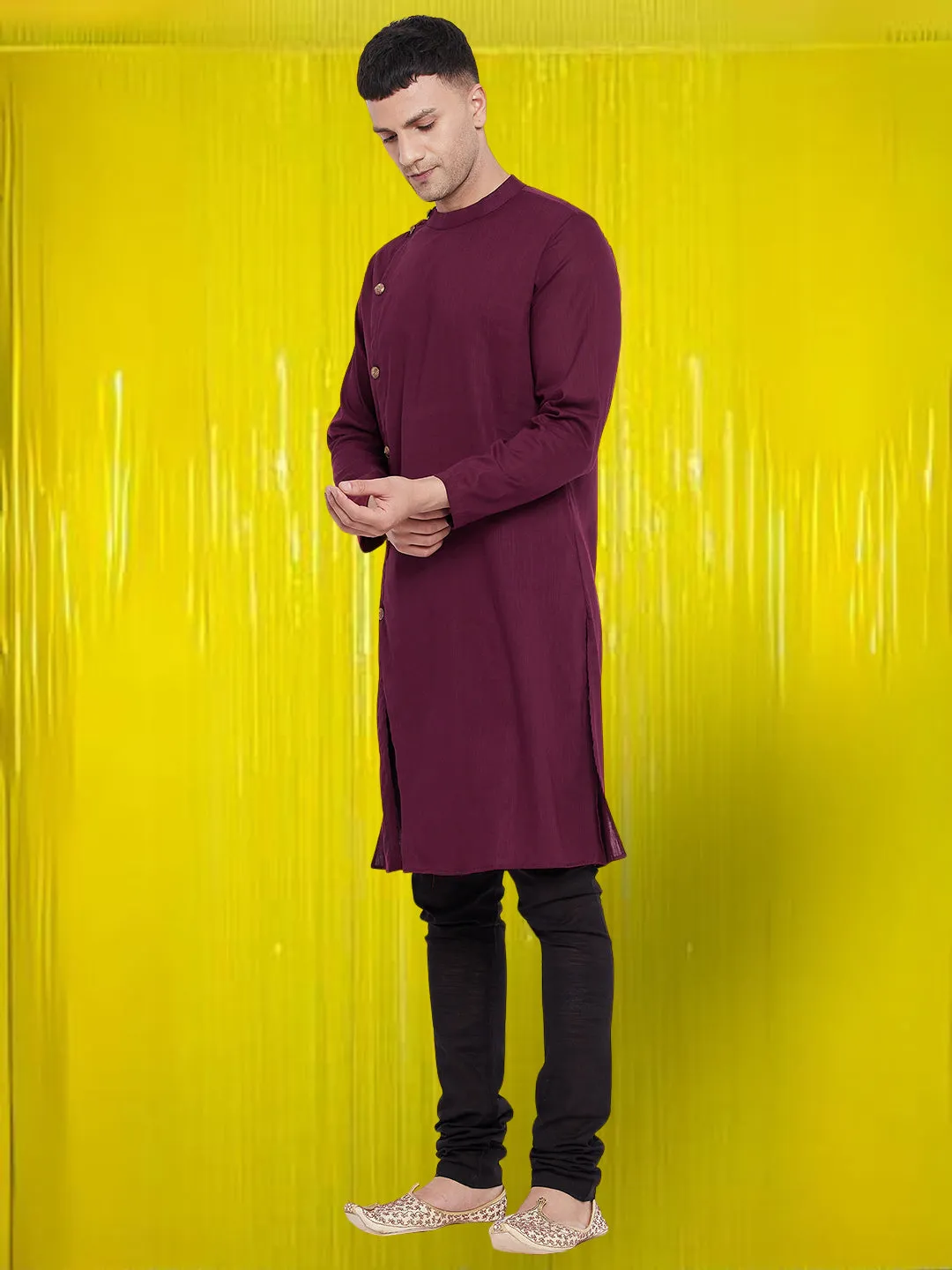 Men's Pure Cotton Maroon Asymetrical Kurta - Even Apparels