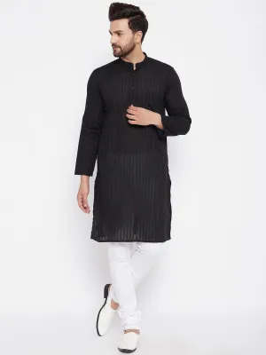 Men's Pure Cotton Striped Black Kurta - Even Apparels