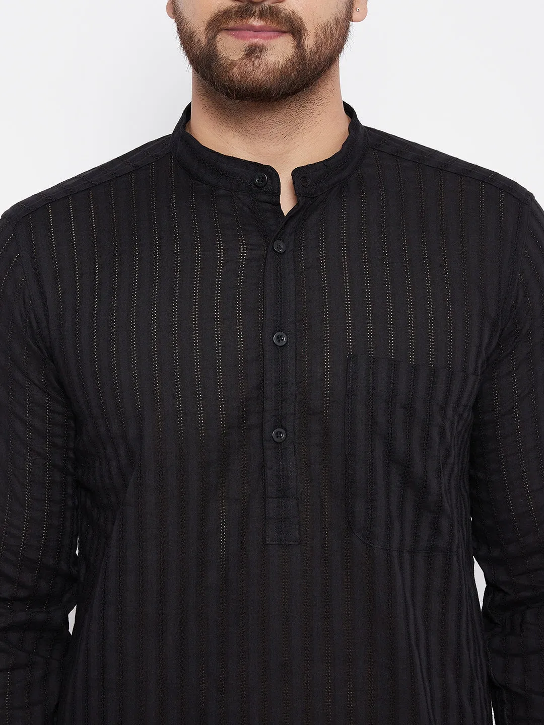 Men's Pure Cotton Striped Black Kurta - Even Apparels