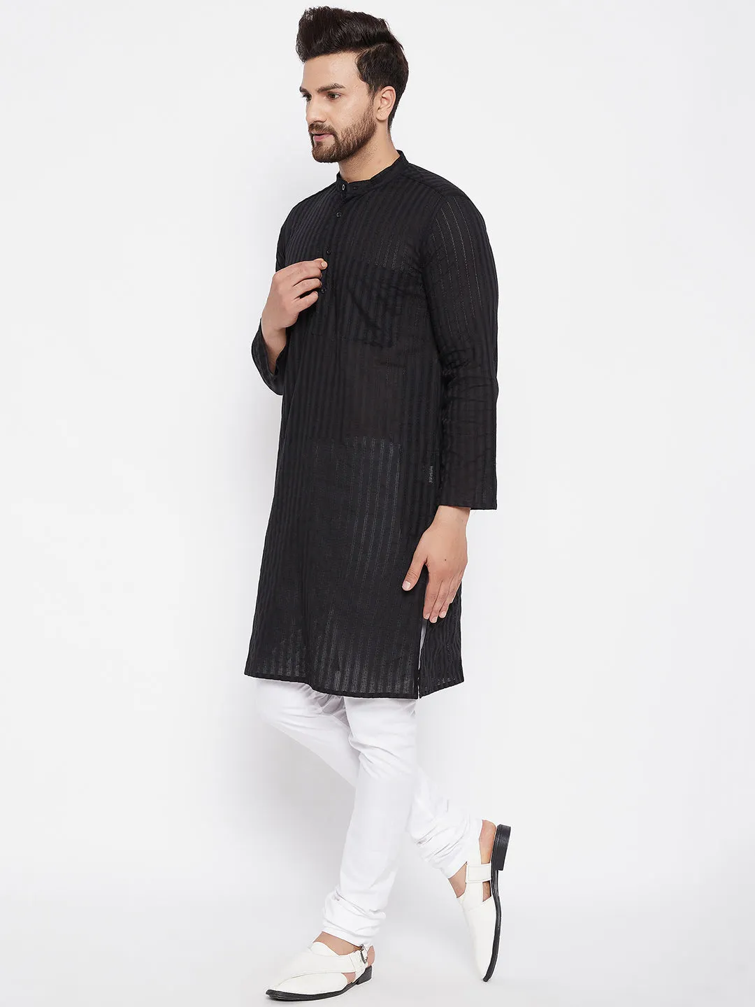 Men's Pure Cotton Striped Black Kurta - Even Apparels