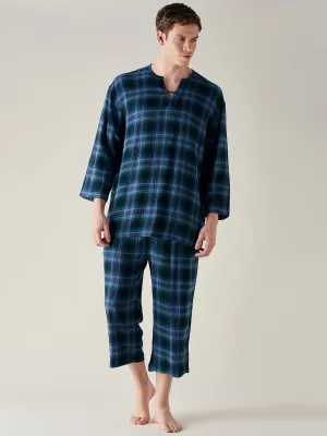 Mens Pure Cotton Supersoft Blue Plaid Pyjama Set