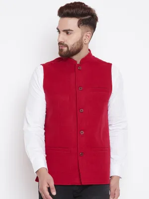 Men's Pure Wool Red Nehru Jacket - Even Apparels