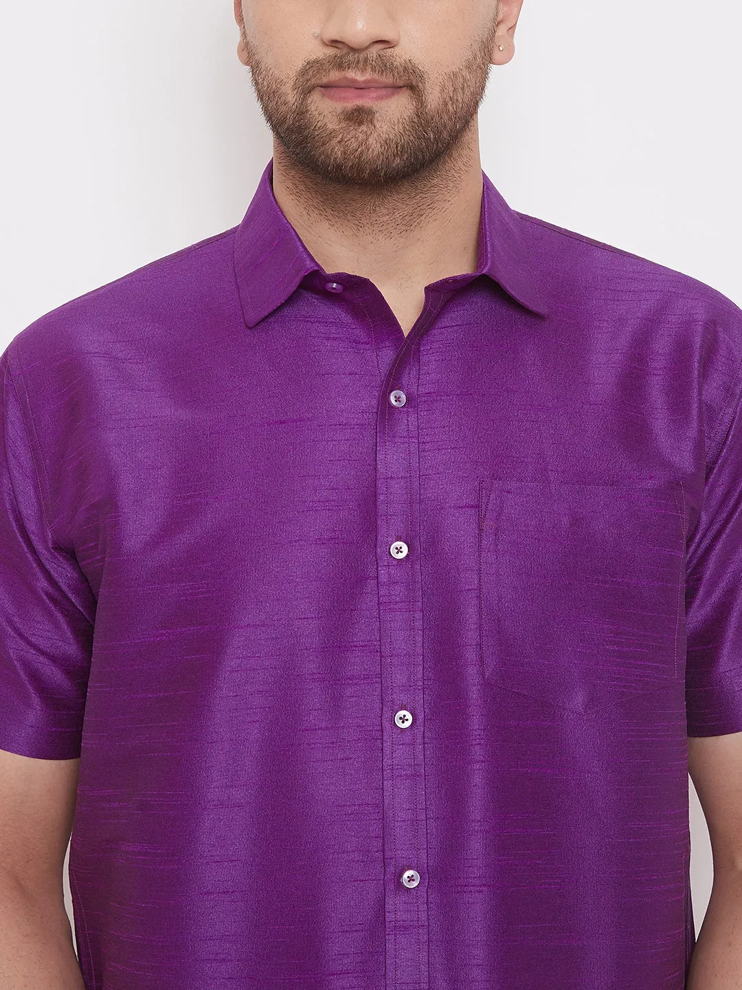 Men's Purple And White Silk Blend Shirt And Mundu - Vastramay