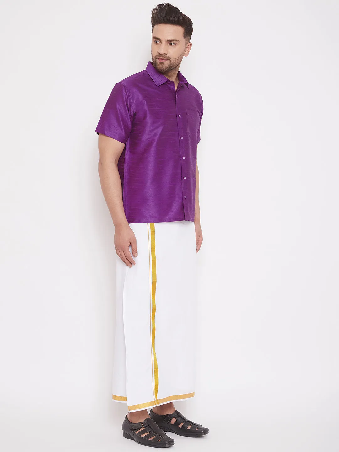 Men's Purple And White Silk Blend Shirt And Mundu - Vastramay