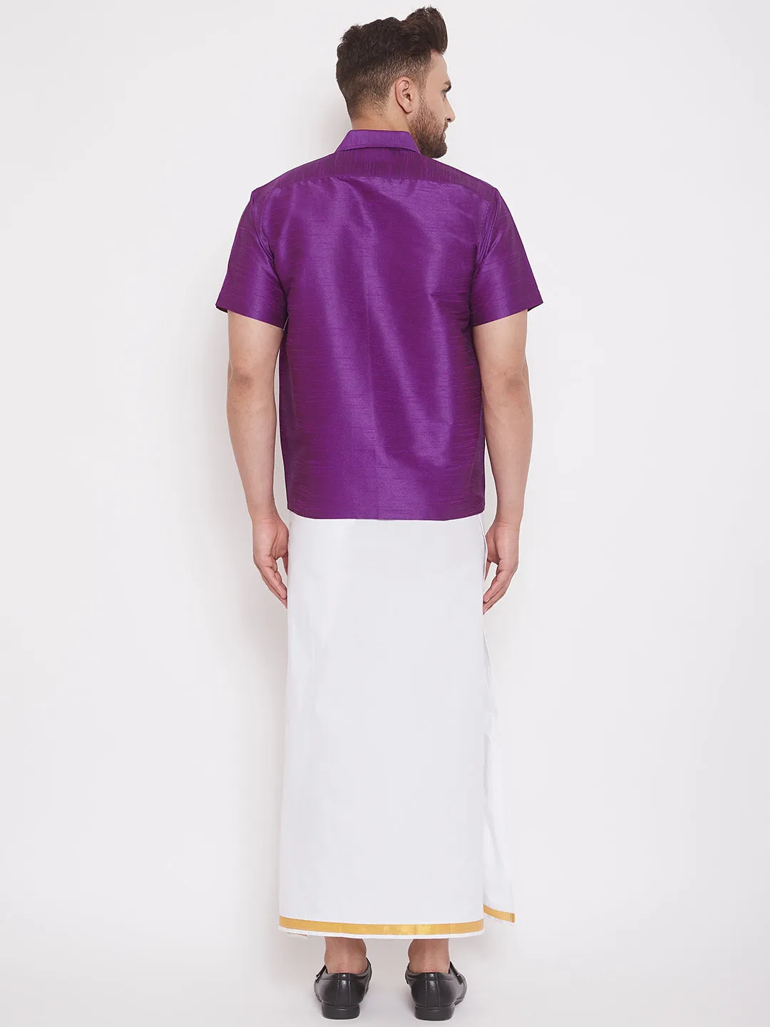 Men's Purple And White Silk Blend Shirt And Mundu - Vastramay