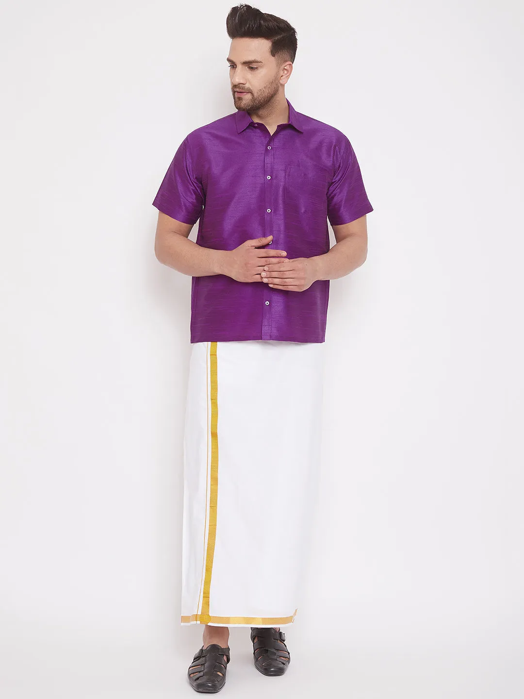 Men's Purple And White Silk Blend Shirt And Mundu - Vastramay