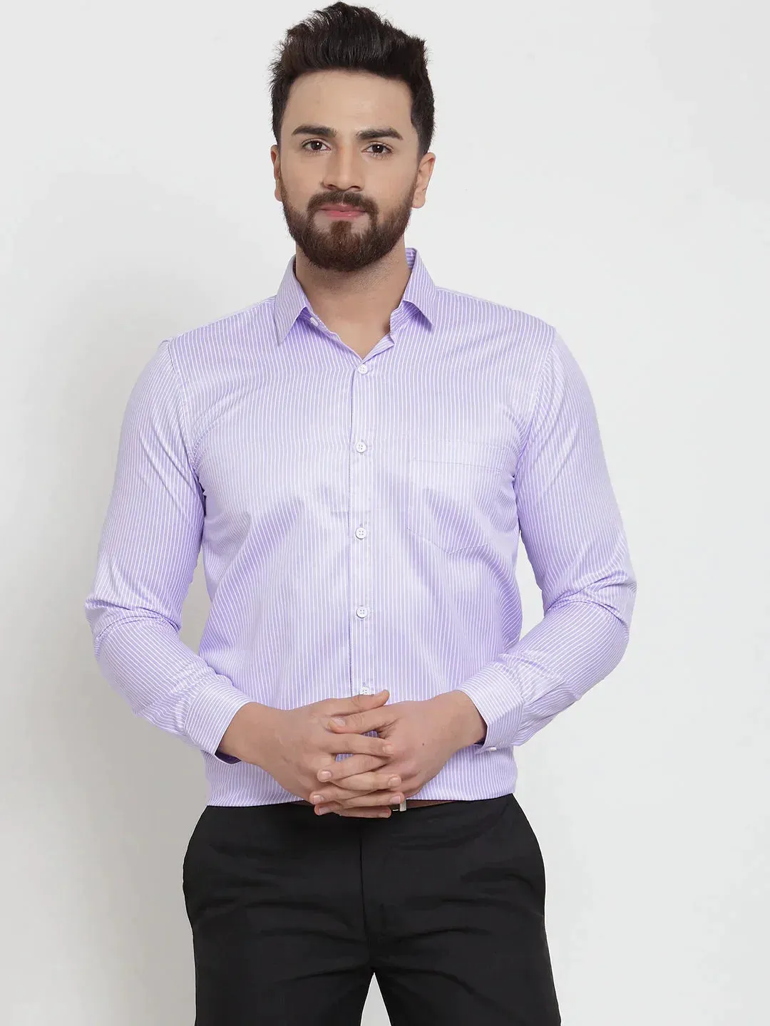 Men's Purple Cotton Stiped Formal Shirts - Taantav