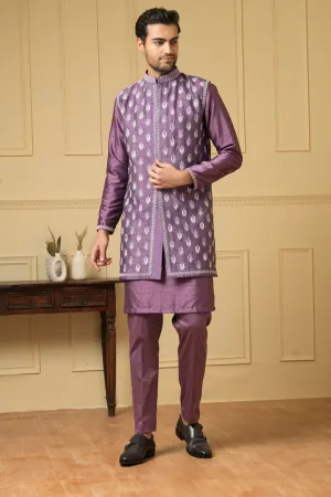 Men's Purple Embroidered Nehru Jacket And Kurta Set - Hilo Design