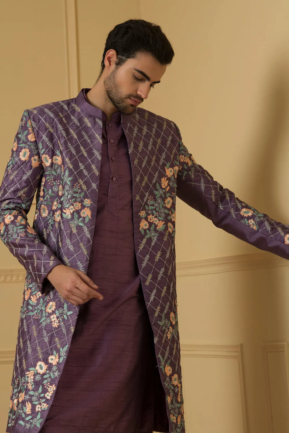 Men's Purple Embroidered Nehru Jacket Set - Hilo Design