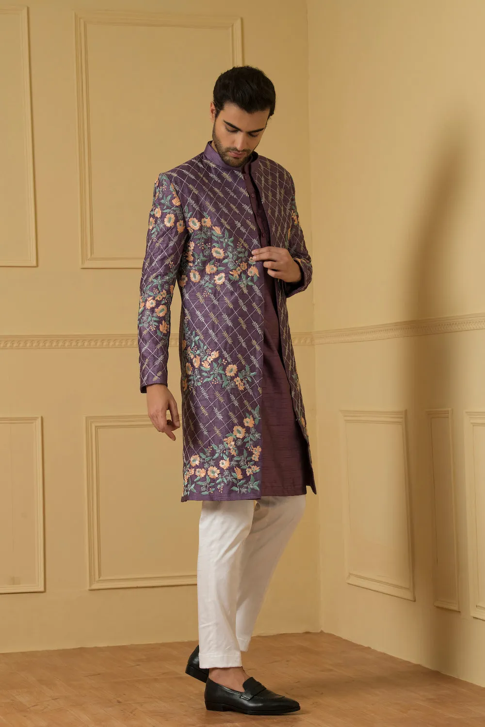 Men's Purple Embroidered Nehru Jacket Set - Hilo Design