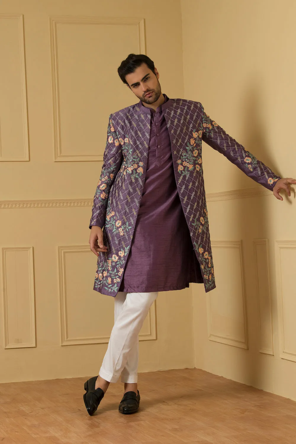 Men's Purple Embroidered Nehru Jacket Set - Hilo Design