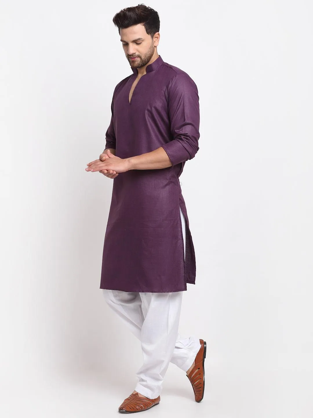 Men's Purple Solid Pathani Kurta With White Salwar - Benstoke