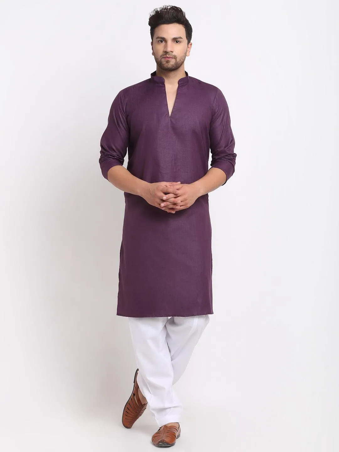 Men's Purple Solid Pathani Kurta With White Salwar - Benstoke