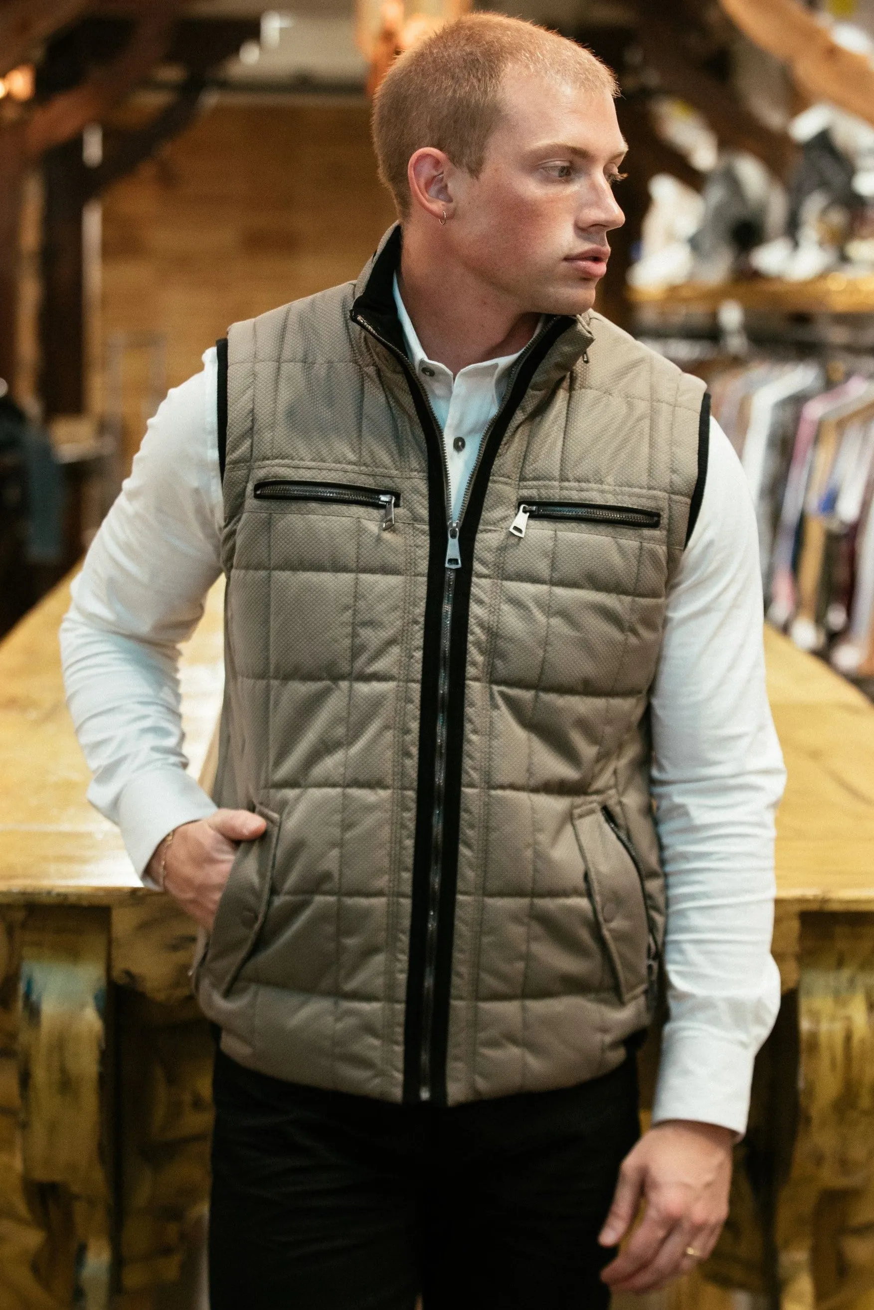 Men's Quilted Fur Lined Vest - Mocha