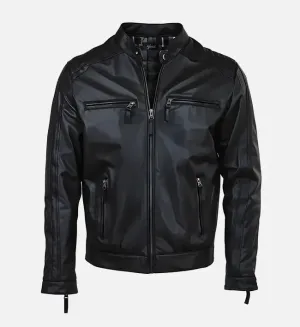 Men’s Quilted Shoulder Black Cafe Racer Leather Jacket