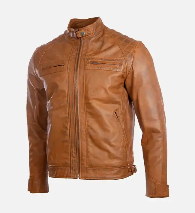 Men’s Quilted Shoulder Tan Cafe Racer Leather Jacket