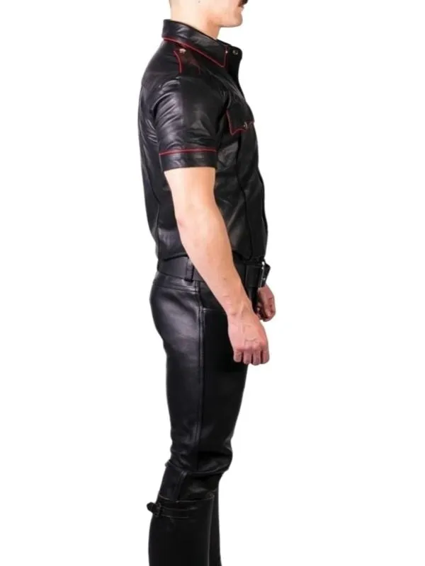 Men's Real Leather Uniform Shirt - Red Accent