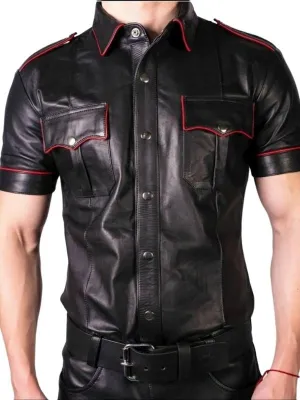 Men's Real Leather Uniform Shirt - Red Accent