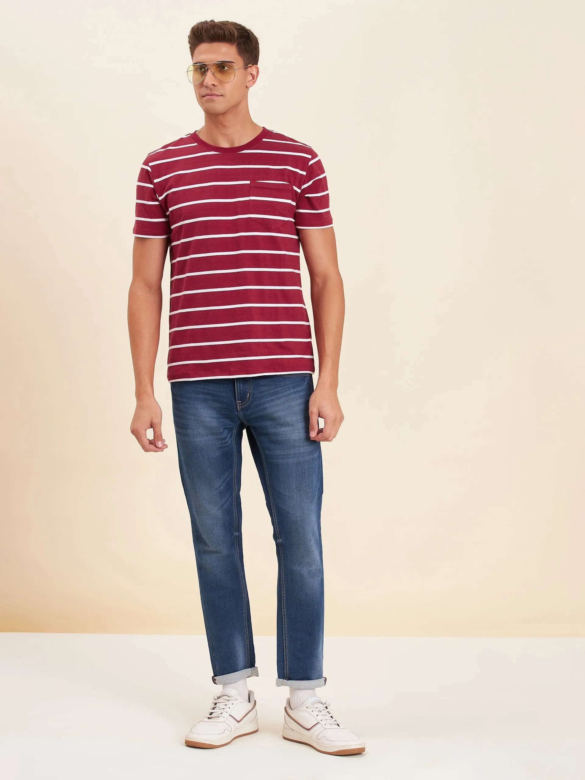 Men's Red & White Stripes Pocket Cotton T-Shirt - LYUSH-MASCLN