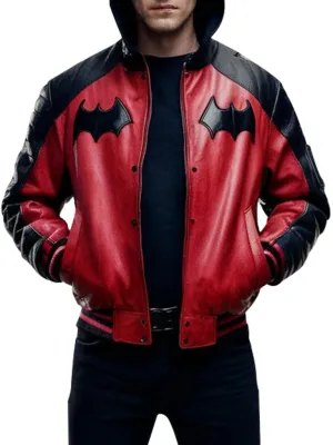 Men's Red And Black Bat-Inspired Leather Hoodie Jacket