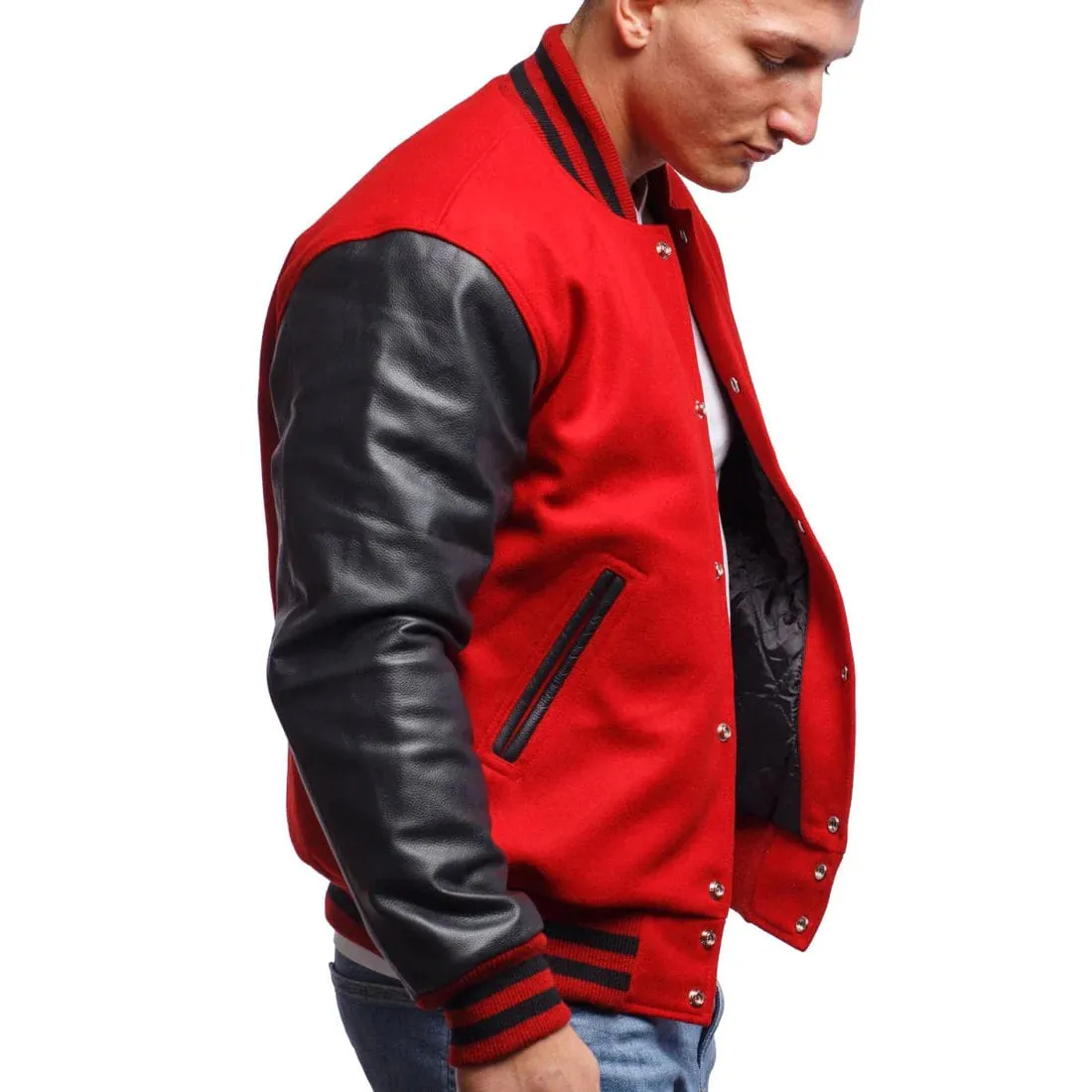 Mens Red And Black Leather Varsity Jacket