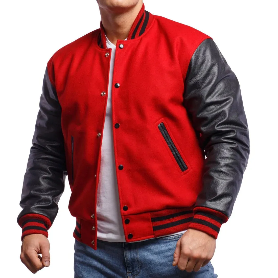 Mens Red And Black Leather Varsity Jacket