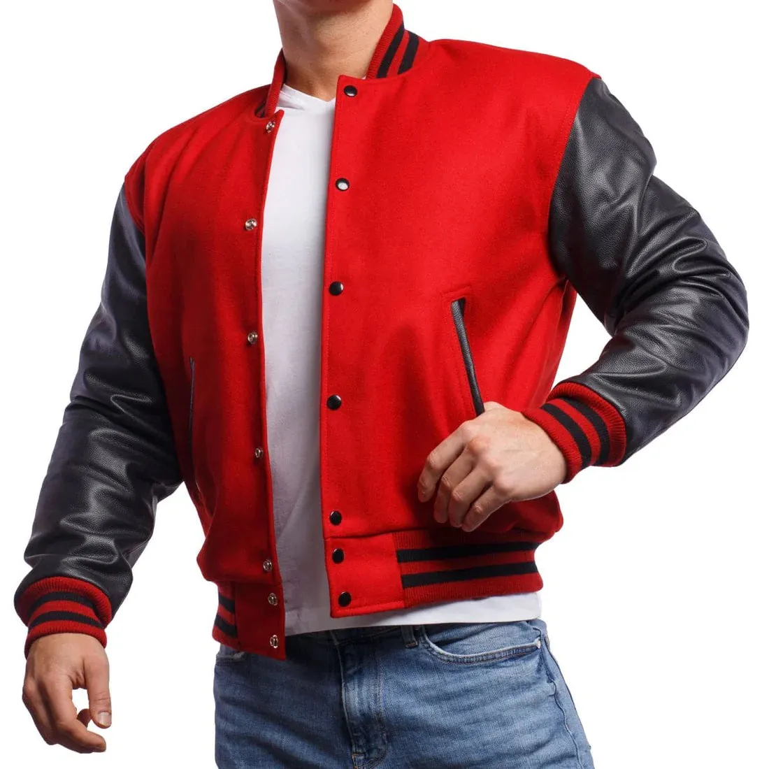 Mens Red And Black Leather Varsity Jacket