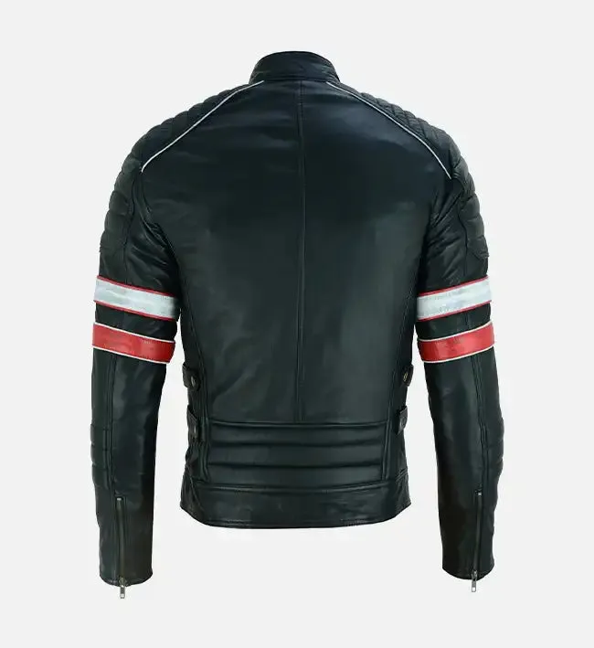 Men’s Red and White Striped Cafe Racer Leather Jacket