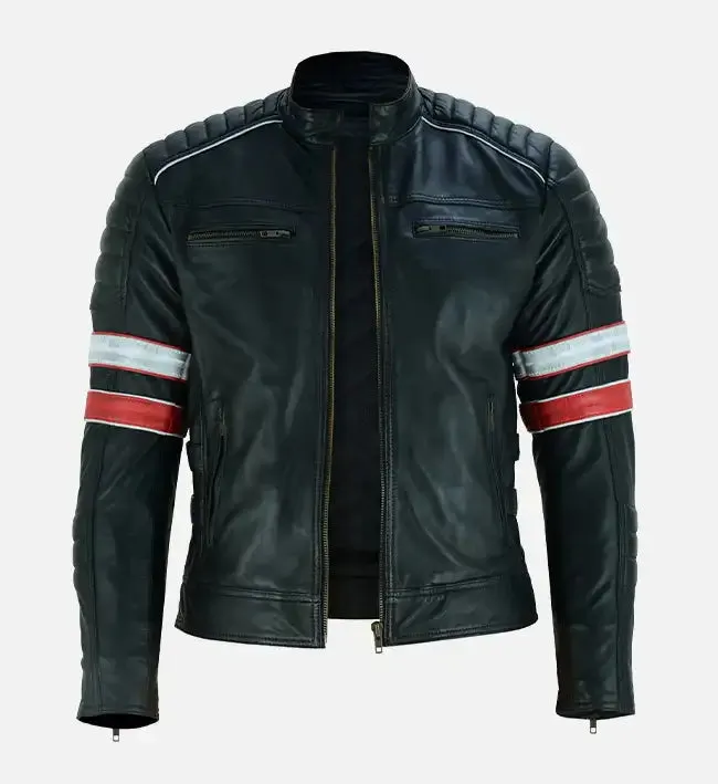 Men’s Red and White Striped Cafe Racer Leather Jacket