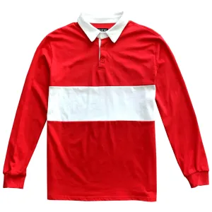 Mens Red and White Striped Long Sleeve Polo Rugby Shirt