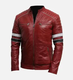 Men’s Red Biker Leather Jacket with Striped