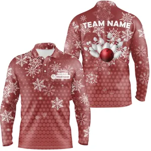 Mens Red Bowling Polo Shirts Custom Christmas Snowflake Bowling Ball Pins Team Ladies Jersey