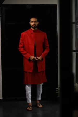 Men's Red Color Indo-Western Suit - Hilo Design