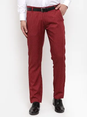 Men's Red Cotton Striped Formal Trousers ( FGP 255Maroon ) - Jainish