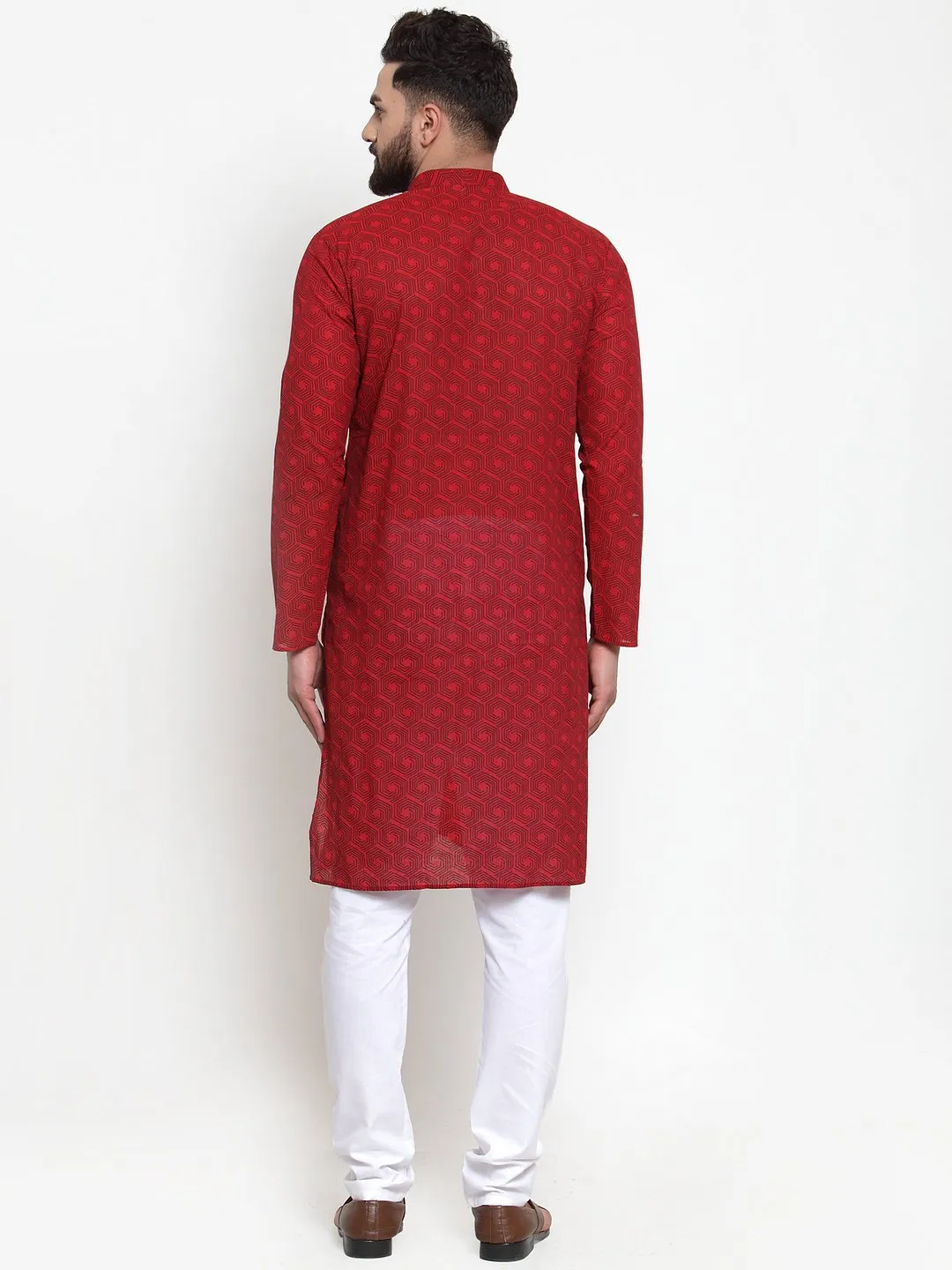 Men's Red Printed Kurta with White Churidar ( JOKP 604 Red ) - Virat Fashions