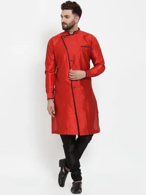 Men's Red Self Design Kurta With Black Churidaar Pyjama - Benstoke