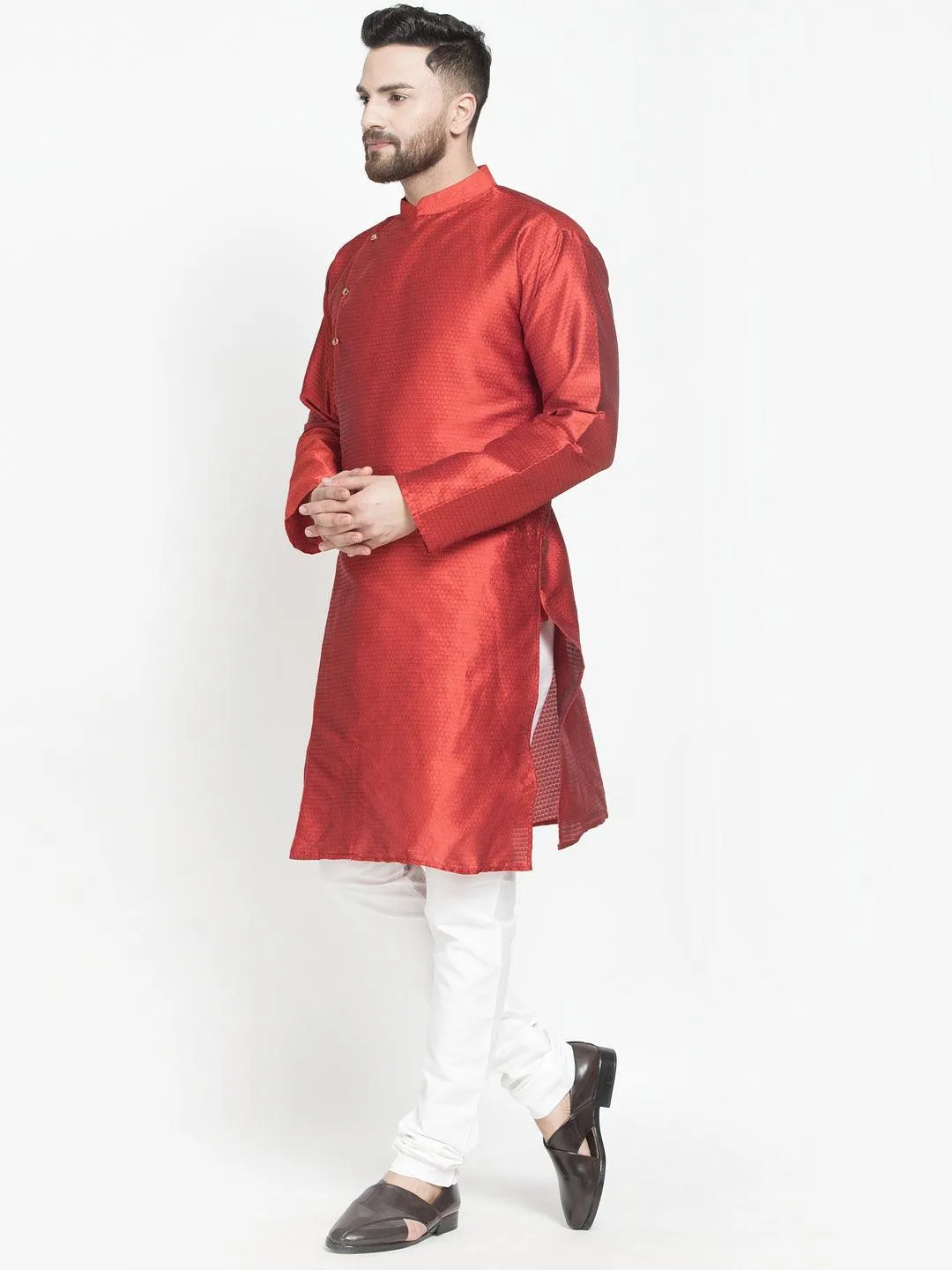 Men's Red Self Design Kurta With White Churidaar Pyjama - Benstoke