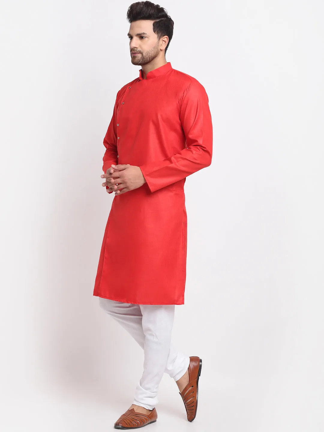 Men's Red Solid Kurta With White Churidaar Pyjama - Benstoke