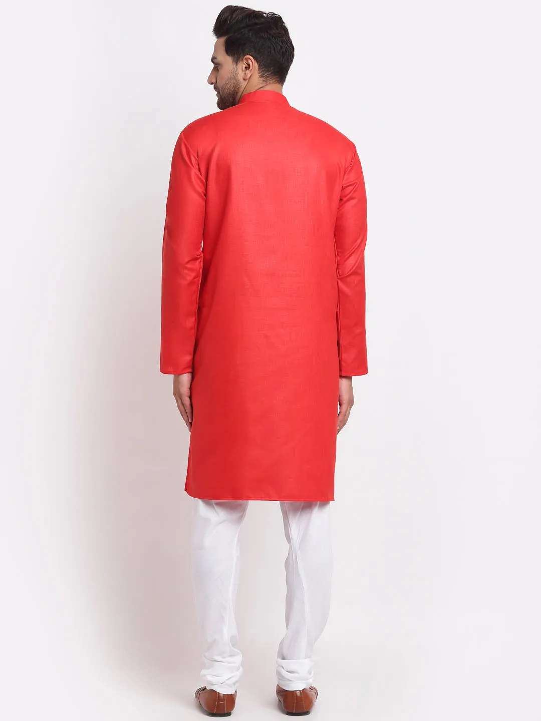 Men's Red Solid Kurta With White Churidaar Pyjama - Benstoke