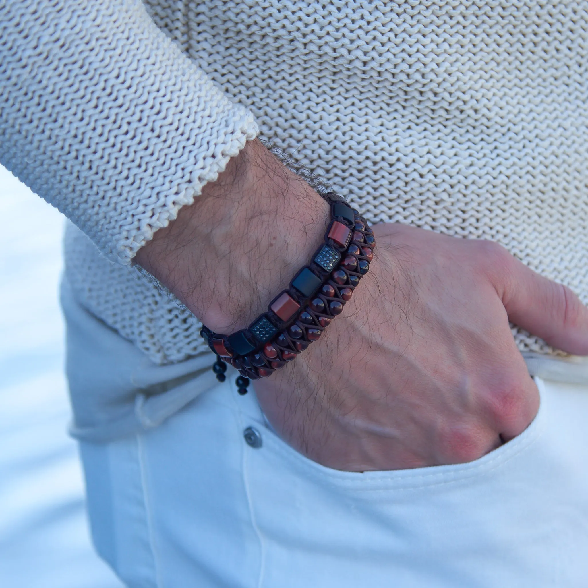 Men's RED TIGER EYE Double Bead Bracelet