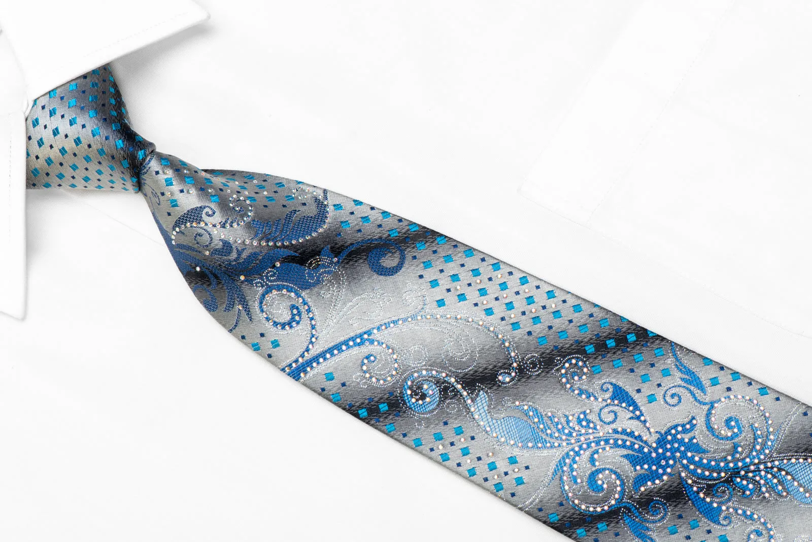 Men's Rhinestone Silk Necktie Blue Acanthus Scrolls On Silver With Sparkles