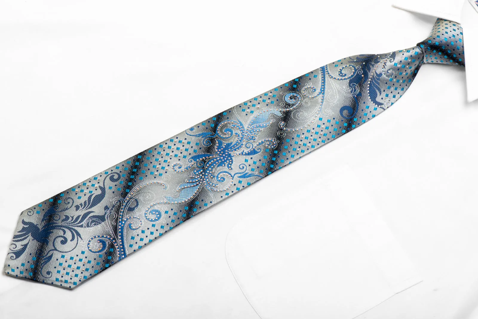 Men's Rhinestone Silk Necktie Blue Acanthus Scrolls On Silver With Sparkles