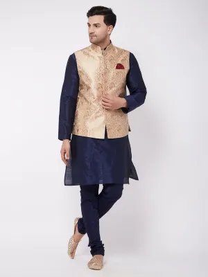 Men's Rose Gold And Navy Blue Silk Blend Jacket, Kurta And Pyjama Set - Vastramay