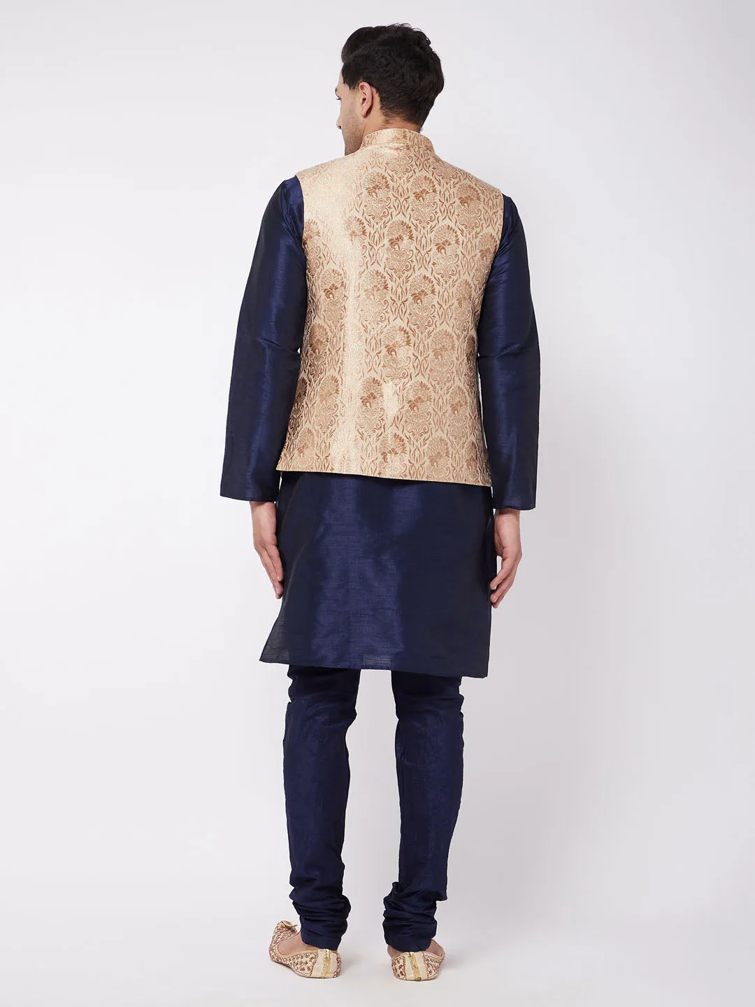 Men's Rose Gold And Navy Blue Silk Blend Jacket, Kurta And Pyjama Set - Vastramay