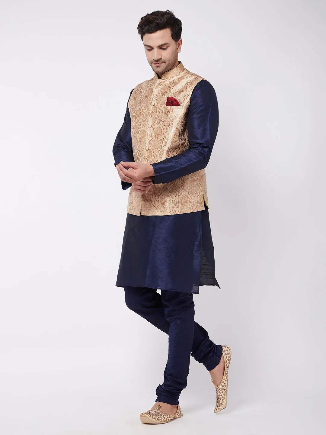 Men's Rose Gold And Navy Blue Silk Blend Jacket, Kurta And Pyjama Set - Vastramay