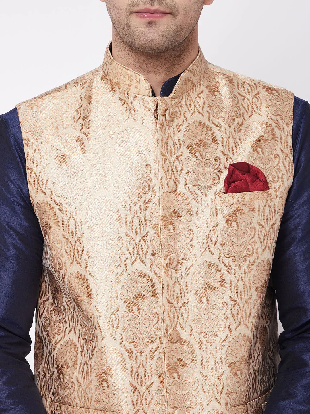 Men's Rose Gold And Navy Blue Silk Blend Jacket, Kurta And Pyjama Set - Vastramay