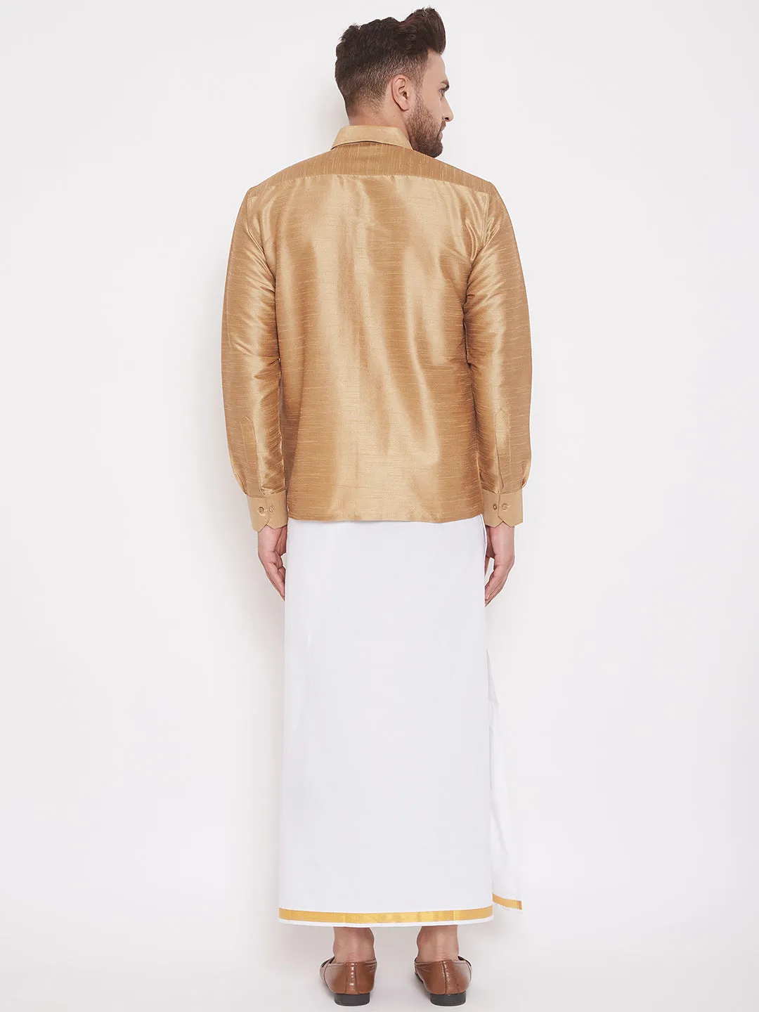 Men's Rose Gold And White Silk Blend Shirt And Mundu - Vastramay